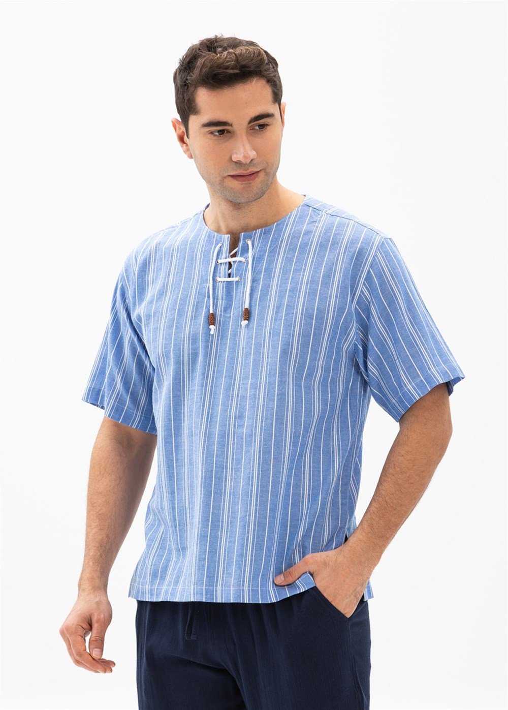 Toptan Büyük Beden Kısa Kol Şile Bezi Zımbalı Erkek Yazlık Tshirt Mavi Beyaz Çizgili