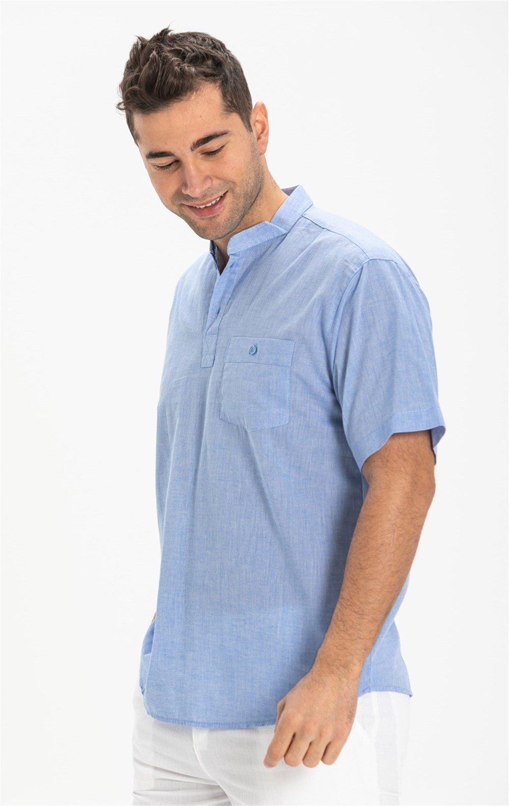 Toptan Büyük Beden Şile Bezi Kısa Kol Hakim Yaka Tek Cepli Erkek Yazlık Tshirt Mavi