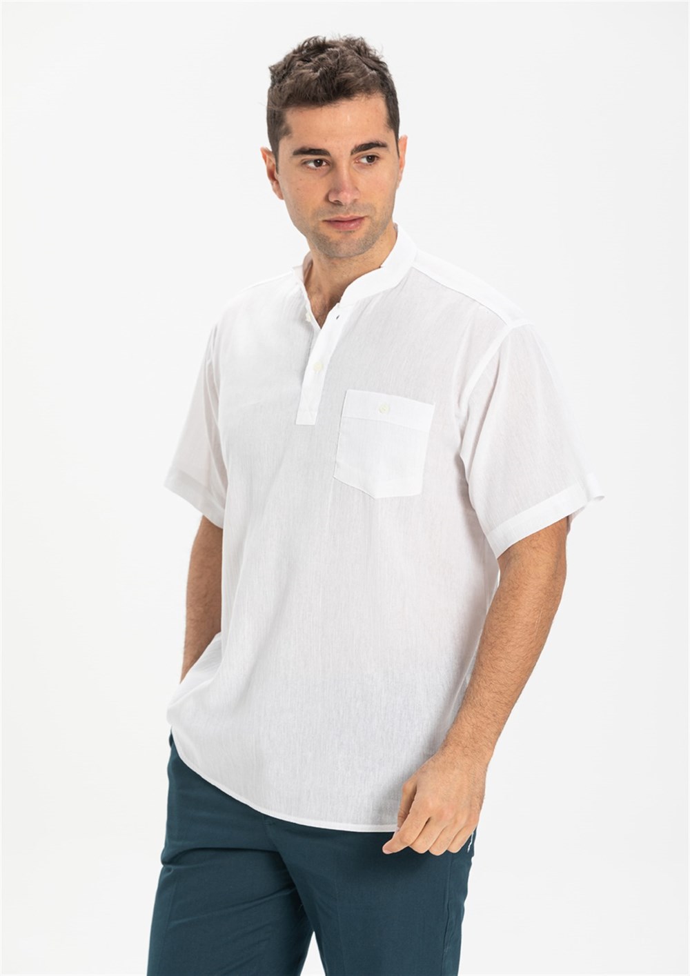 Toptan Büyük Beden Şile Bezi Kısa Kol Hakim Yaka Tek Cepli Erkek Yazlık Tshirt Beyaz