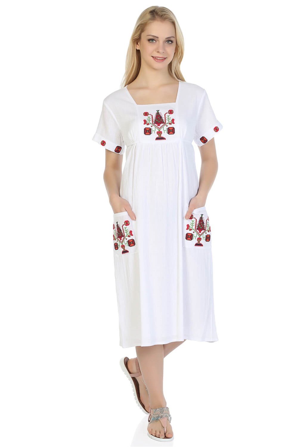 Toptan Kısa Kol Büyük Beden Şile Bezi Melek Otantik Yazlık Elbise Beyaz