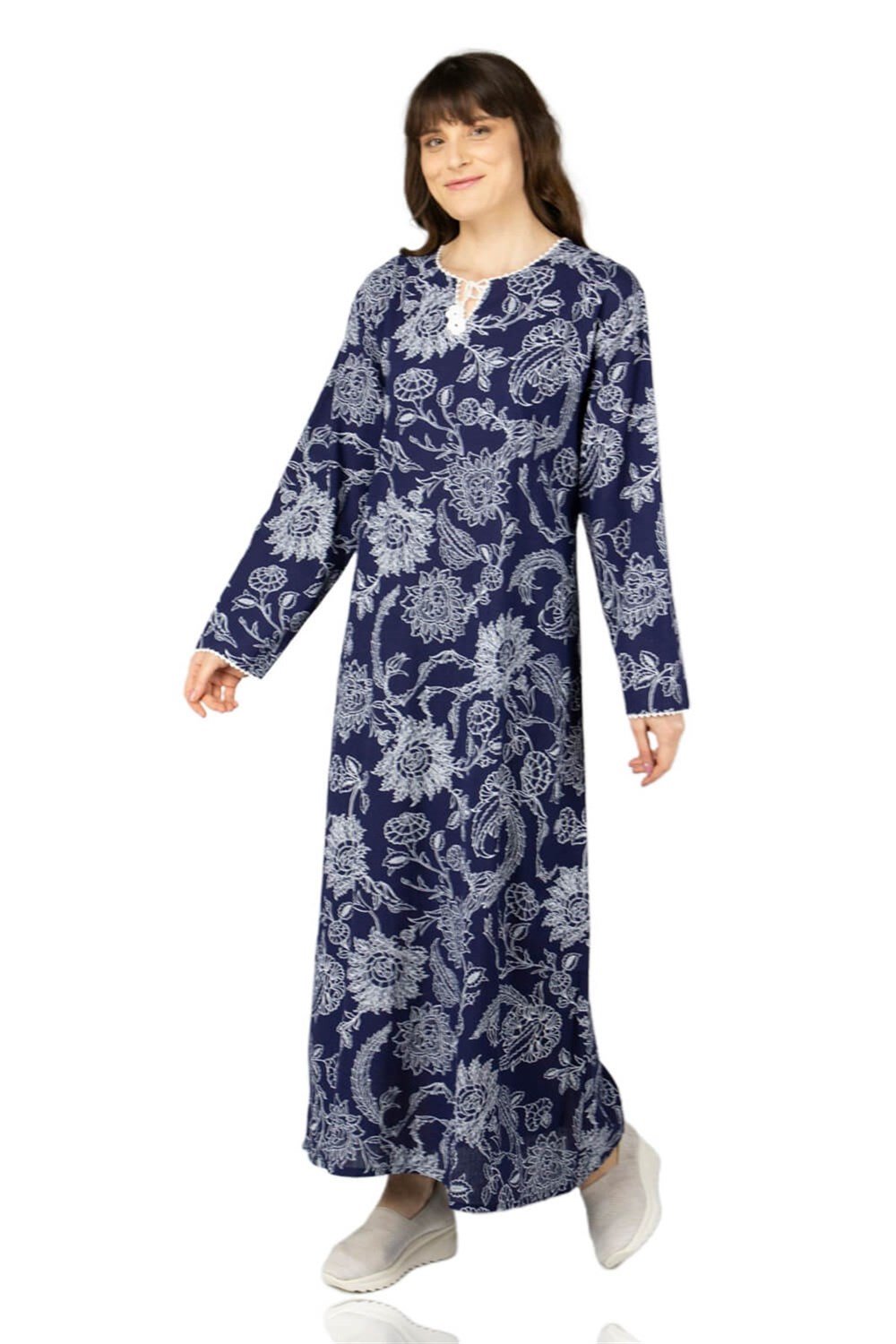 Toptan Büyük Beden Uzun Kol Baskılı Şile Bezi Yazlık Elbise Çınar Desen Mor