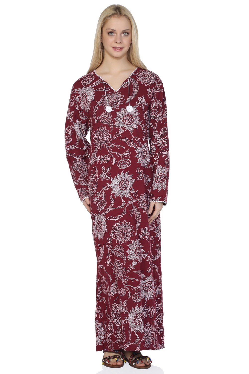 Toptan Büyük Beden Uzun Kol Baskılı Şile Bezi Yazlık Elbise Çınar Desen Bordo