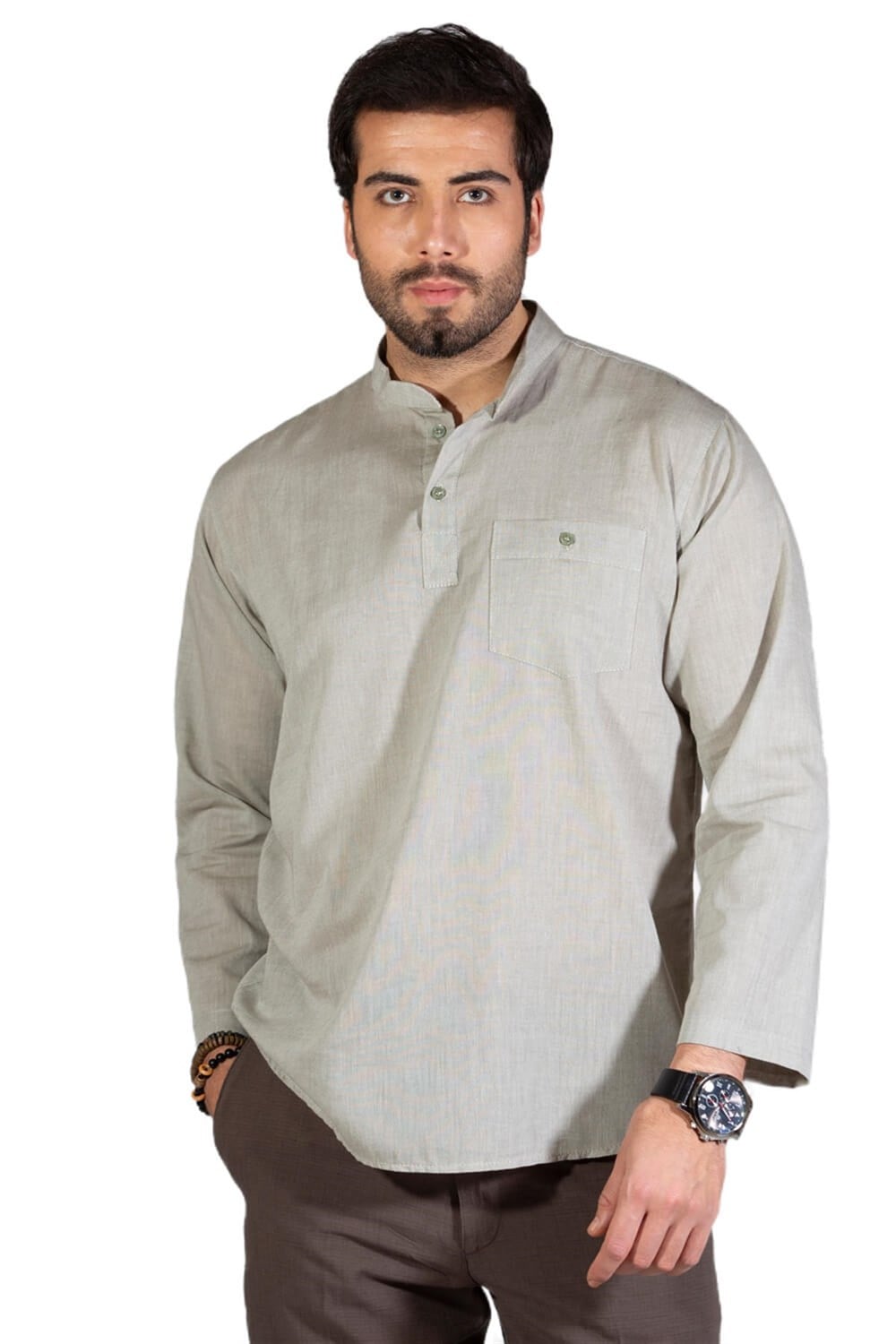 Toptan Büyük Beden Uzun Kol Şile Bezi Tek Cepli Hakim Yaka Yazlık T-Shirt Taş