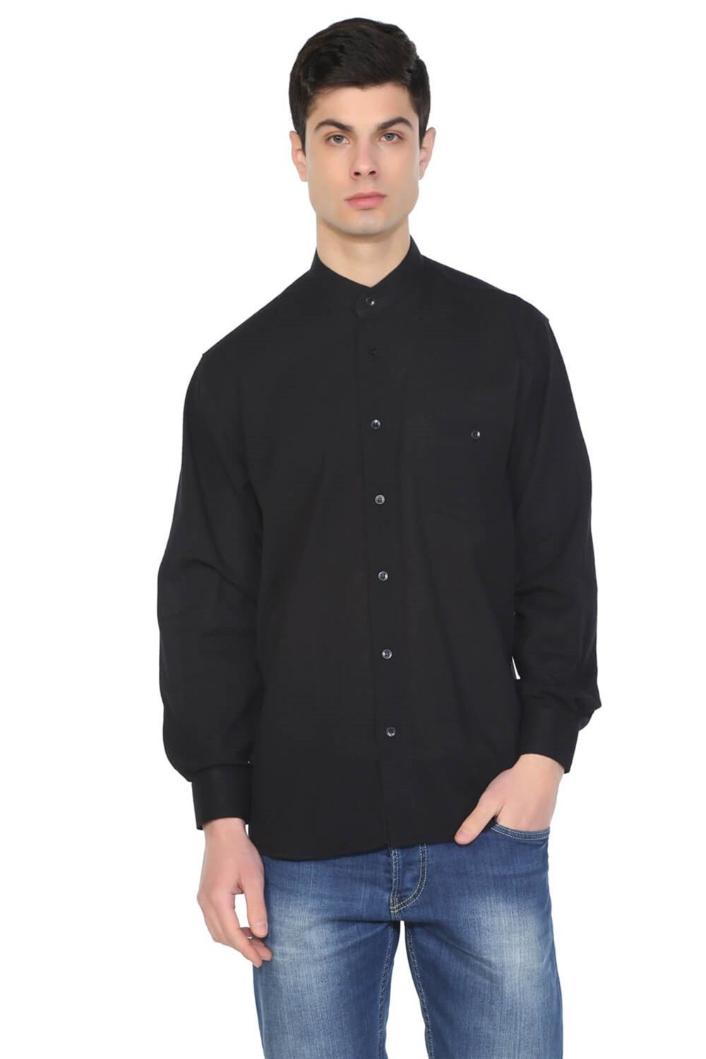 Toptan Büyük Beden Uzun Kol Şile Bezi Tek Cepli Hakim Yaka Erkek Yazlık Gömlek Siyah
