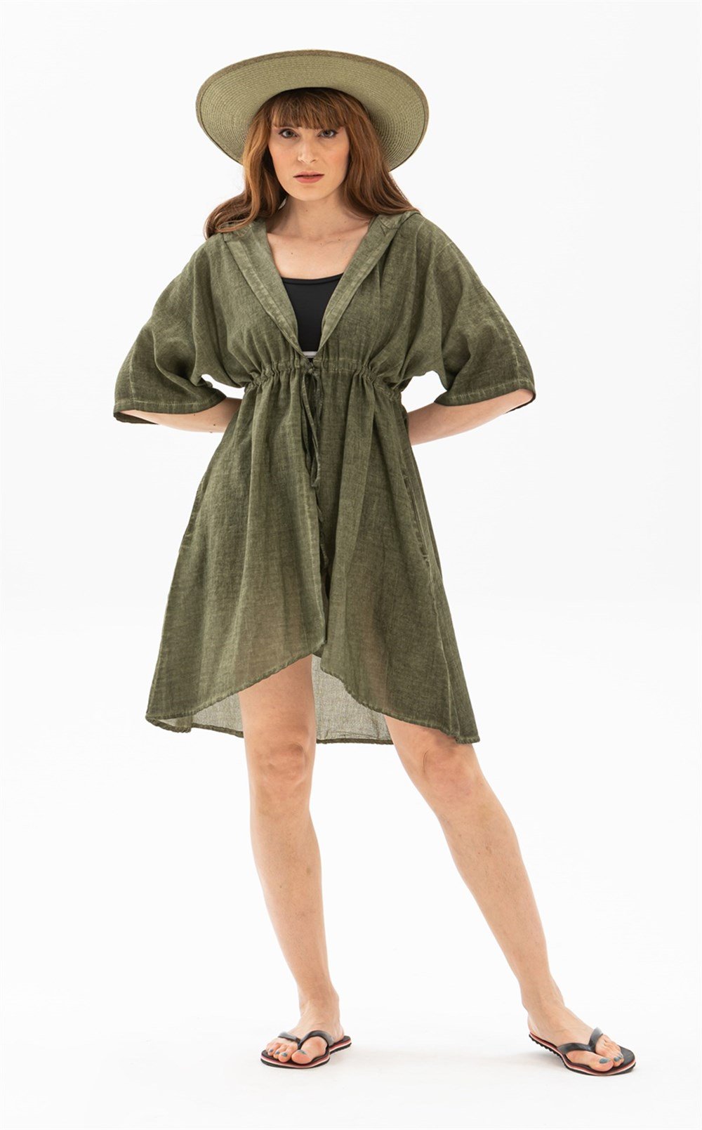 Toptan Duygu Şile Bezi Bağlama Detaylı Günlük Yazlık Tunik  Haki