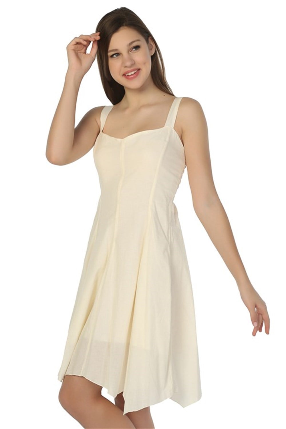 Toptan Askılı Emel Vual Yazlık Mini Elbise Krem