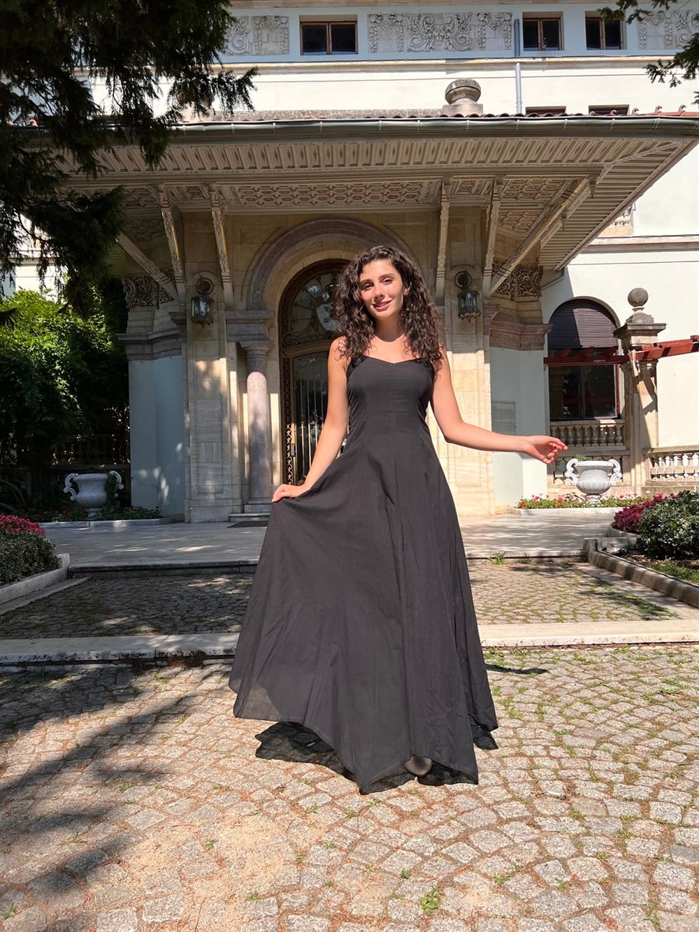 Toptan Askılı Emel Vual Uzun Yazlık Elbise Siyah