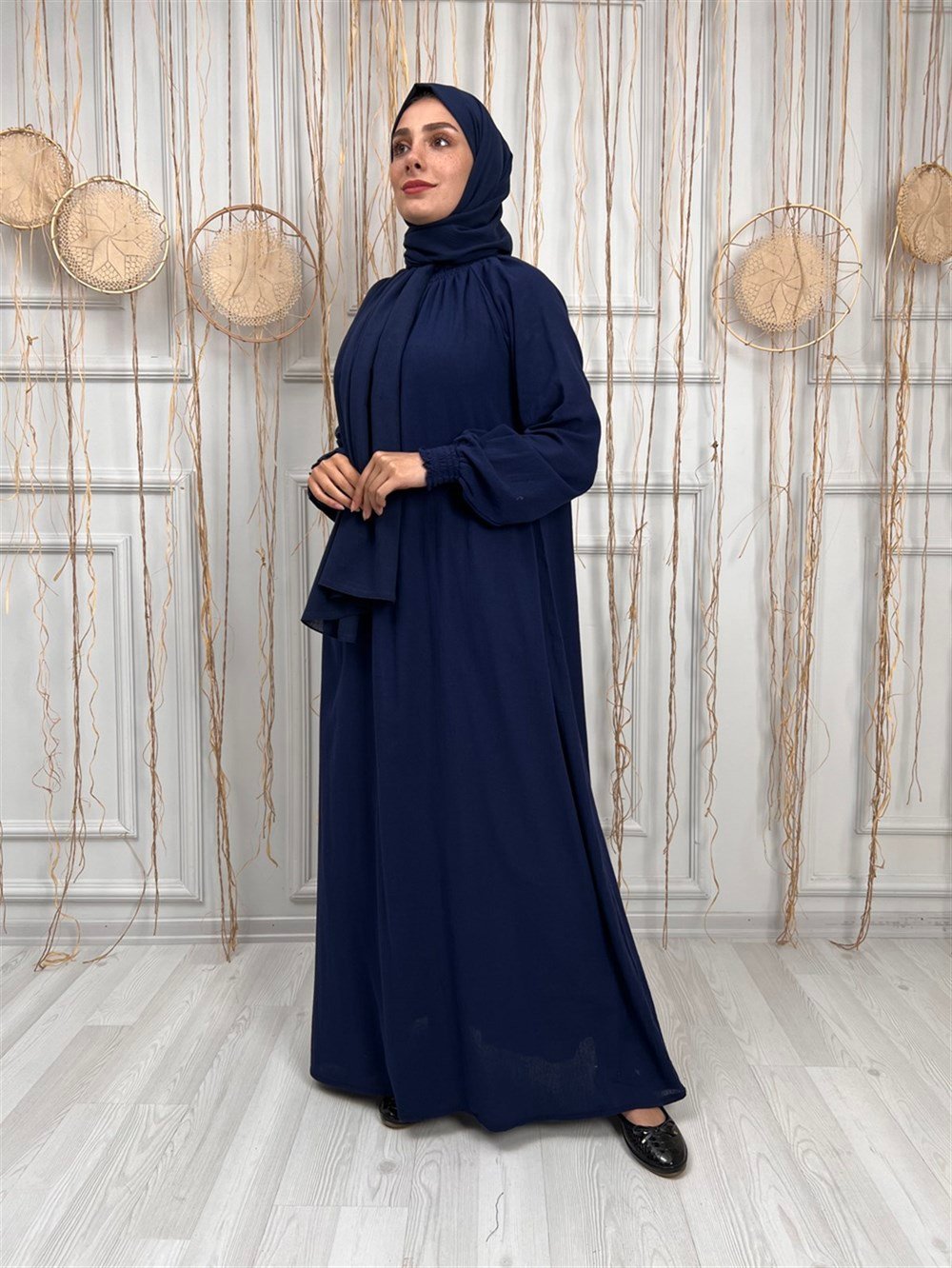 Toptan Kadın Şile Bezi Pamuk Namaz Elbisesi Tek Parça Kolay Boydan Giyilen Kolu ve Yakası Lastikli Lacivert