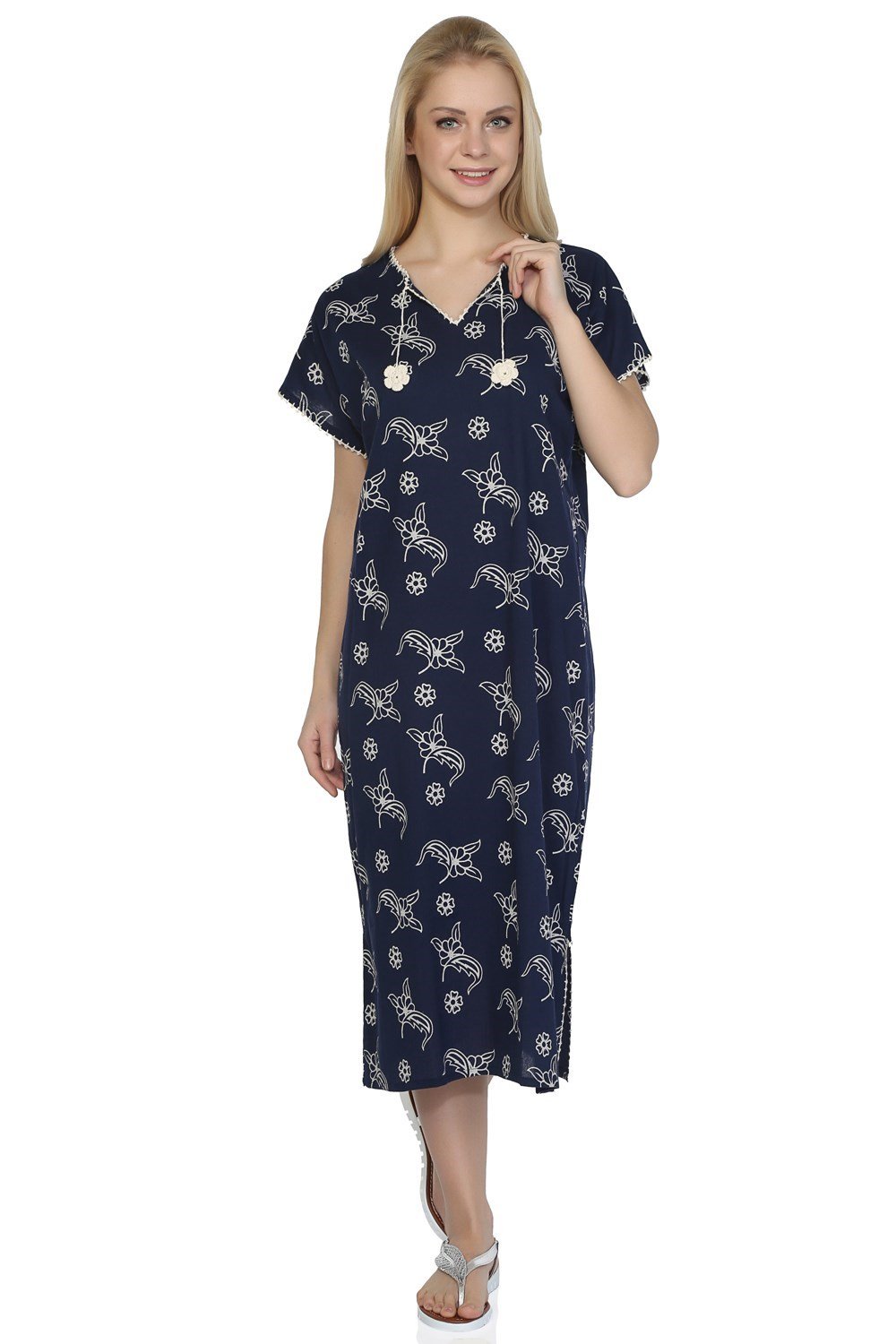 Toptan Kısa Kol Şile Bezi Baskılı Yazlık Elbise Serpme Desen Lacivert