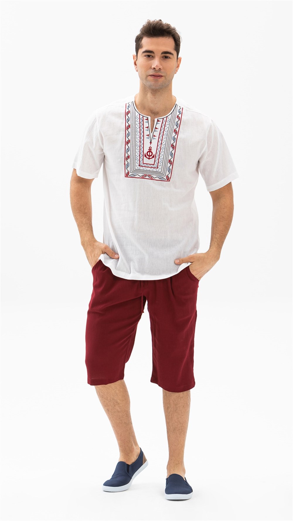 Toptan Kısa Kol Şile Bezi Bisiklet Yaka Bahriyeli Erkek Yazlık T-Shirt Beyaz