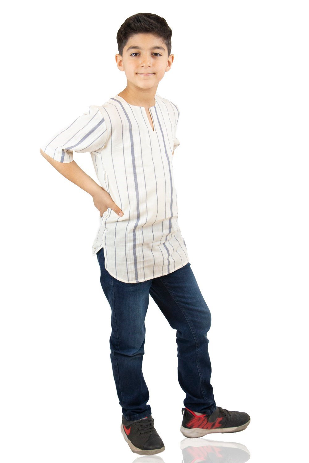 Toptan Kısa Kol Şile Bezi Bisiklet Yaka Erkek Çocuk Yazlık Tshirt Ekru Çizgili