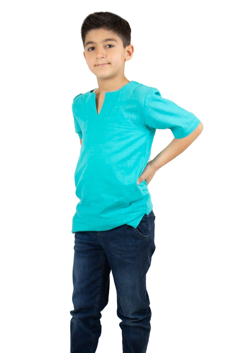 Toptan Kısa Kol Şile Bezi Bisiklet Yaka Erkek Çocuk Yazlık Tshirt Turkuaz