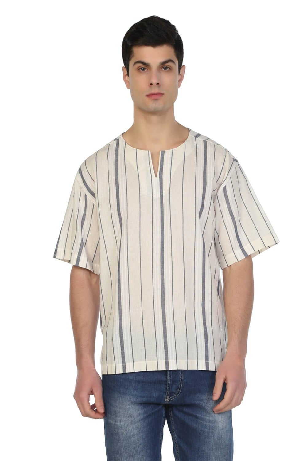 Toptan Kısa Kol Şile Bezi Bisiklet Yaka Erkek Yazlık T-Shirt Ekru Gri Çizgili