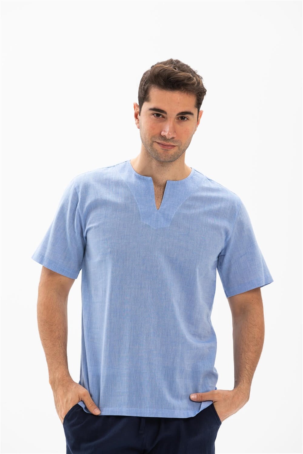 Toptan Kısa Kol Şile Bezi Bisiklet Yaka Erkek Yazlık T-Shirt Mavi