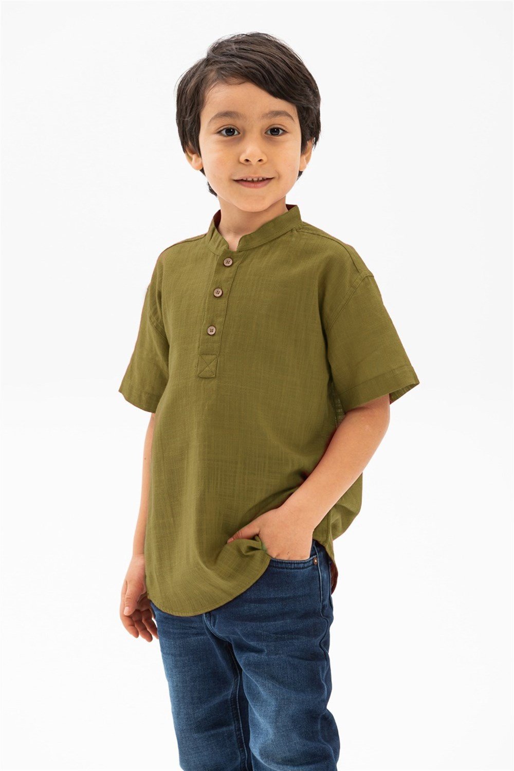 Toptan Kısa Kol Şile Bezi Bodrum Erkek Çocuk Yazlık Tshirt Haki