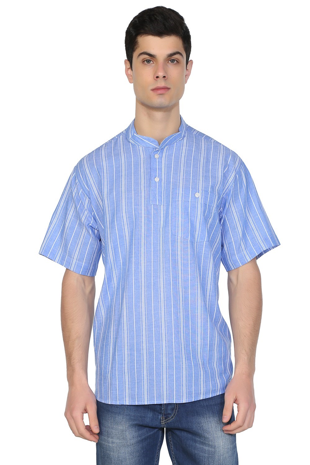 Toptan Kısa Kol Şile Bezi Hakim Yaka Tek Cepli Erkek Yazlık Tshirt Mavi Beyaz Çizgili