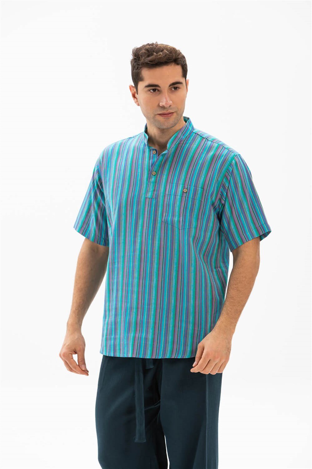 Toptan Kısa Kol Şile Bezi Hakim Yaka Tek Cepli Erkek Yazlık Tshirt Turkuaz Çizgili