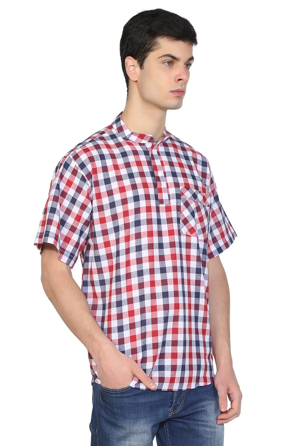 Toptan Kısa Kol Şile Bezi Hakim Yaka Tek Cepli Erkek Yazlık Tshirt Lacivert Kırmızı Kareli