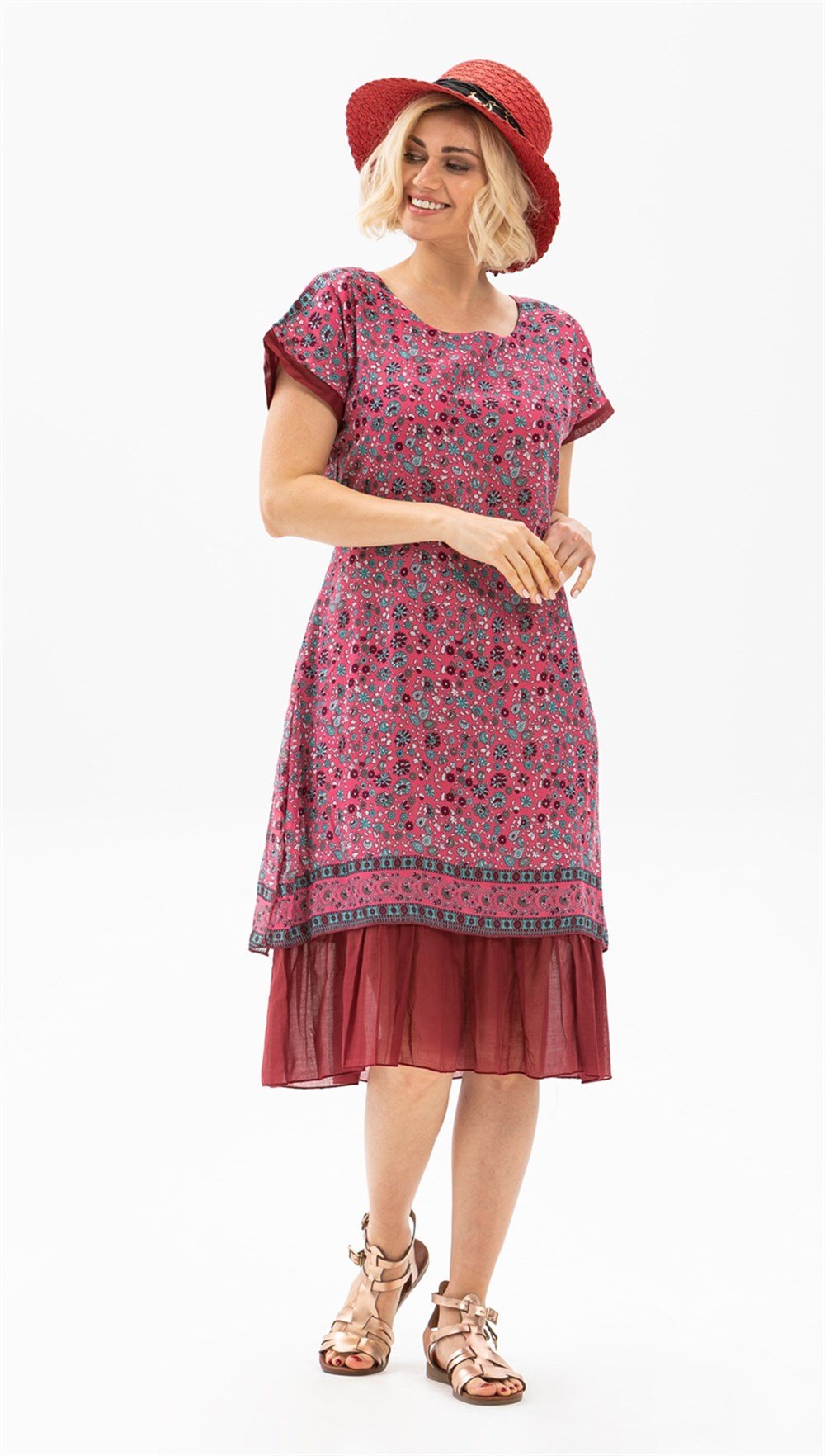 Toptan Kısa Kol Defne Vual Günlük Yazlık Midi Boy Elbise Fuşya