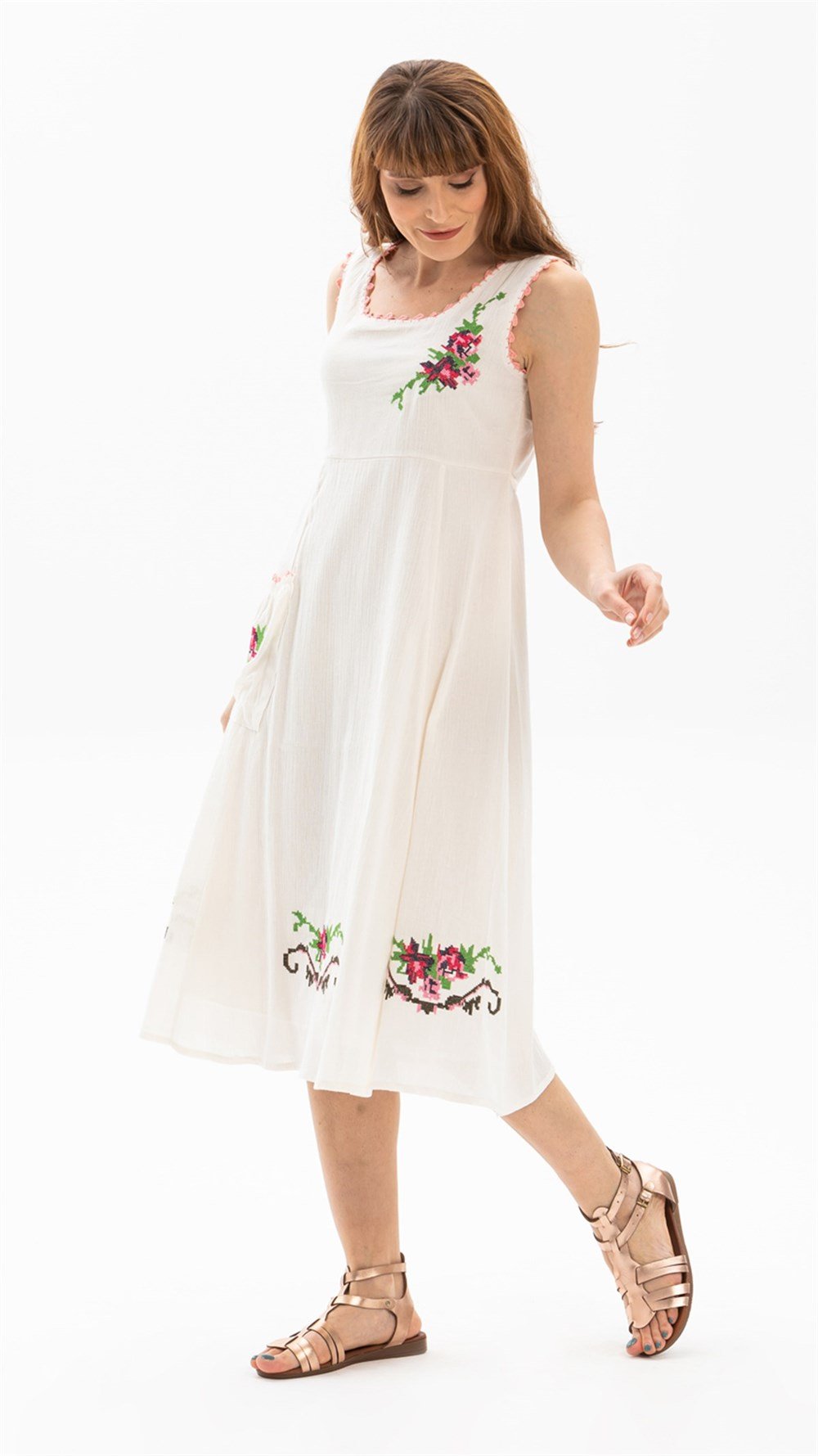 Toptan Kolsuz Burçak Şile Bezi Yazlık Anne Elbise Krem