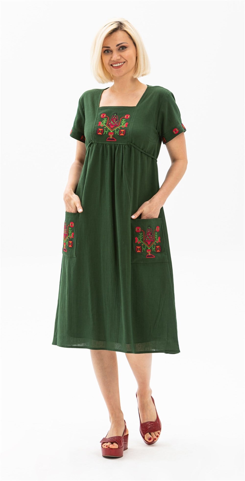 Toptan Kısa Kol Melek Otantik Şile Bezi Yazlık Midi Elbise Yeşil