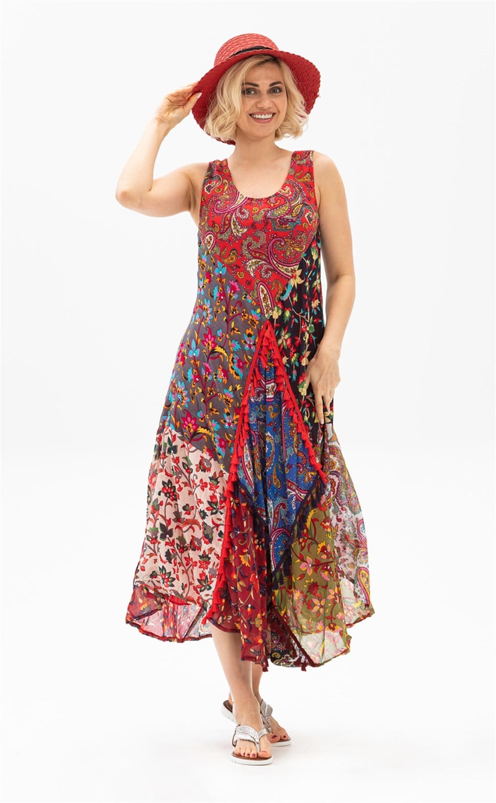 Toptan Peçvörk Vual Otantik Yazlık Elbise | Patchwork Dress Kırmızı