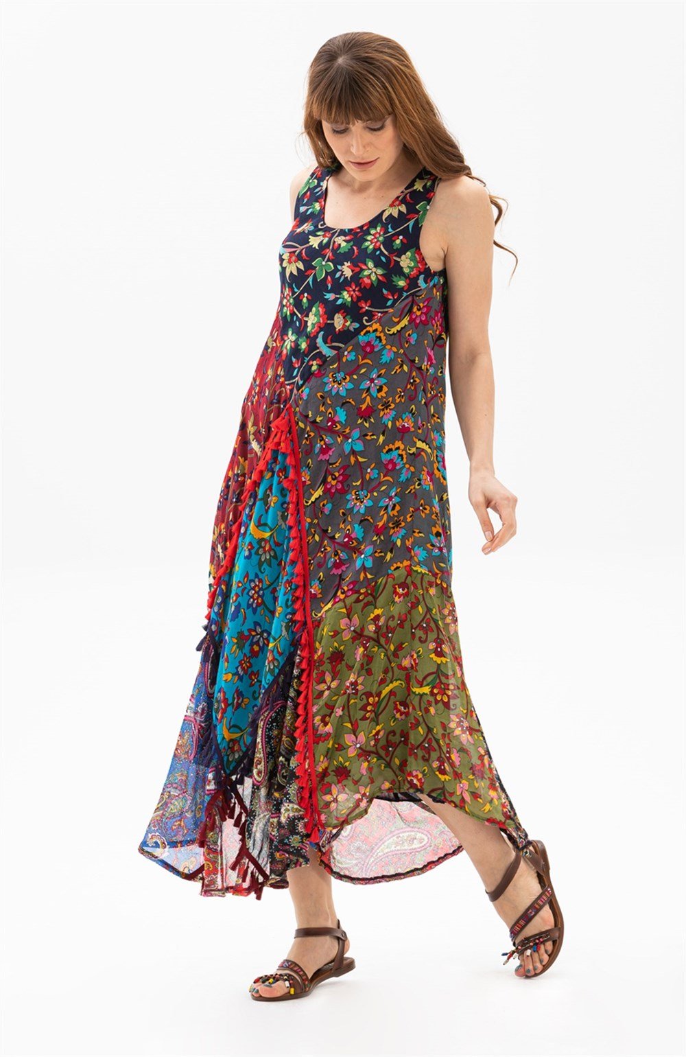 Toptan Peçvörk Vual Otantik Yazlık Elbise   | Patchwork Dress Lacivert