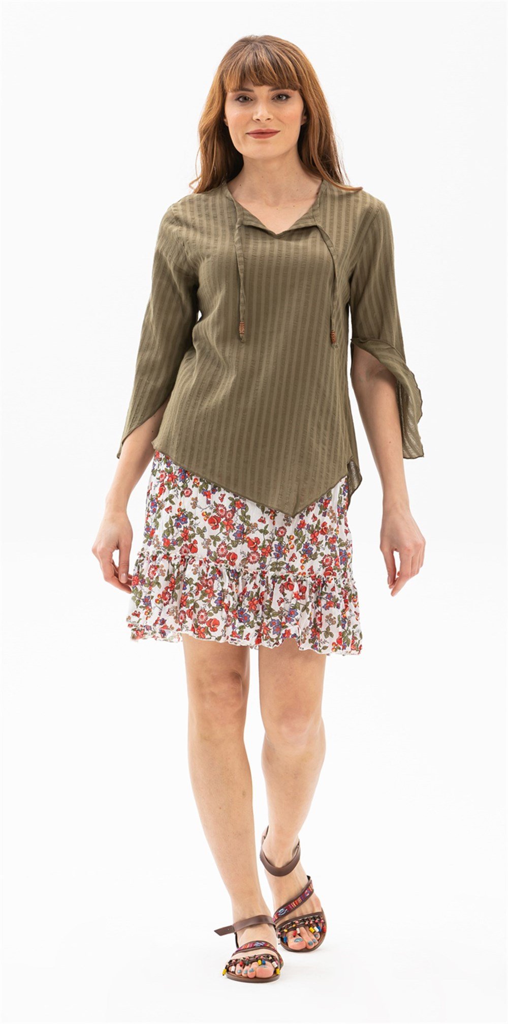 Toptan Rodos Otantik Gofre Yazlık Bluz Haki