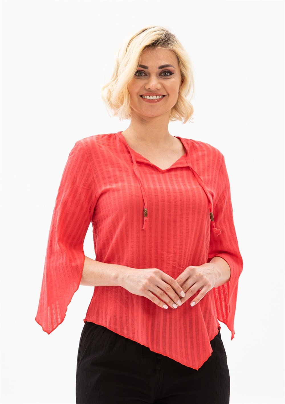 Toptan Rodos Otantik Gofre Yazlık Bluz Mercan