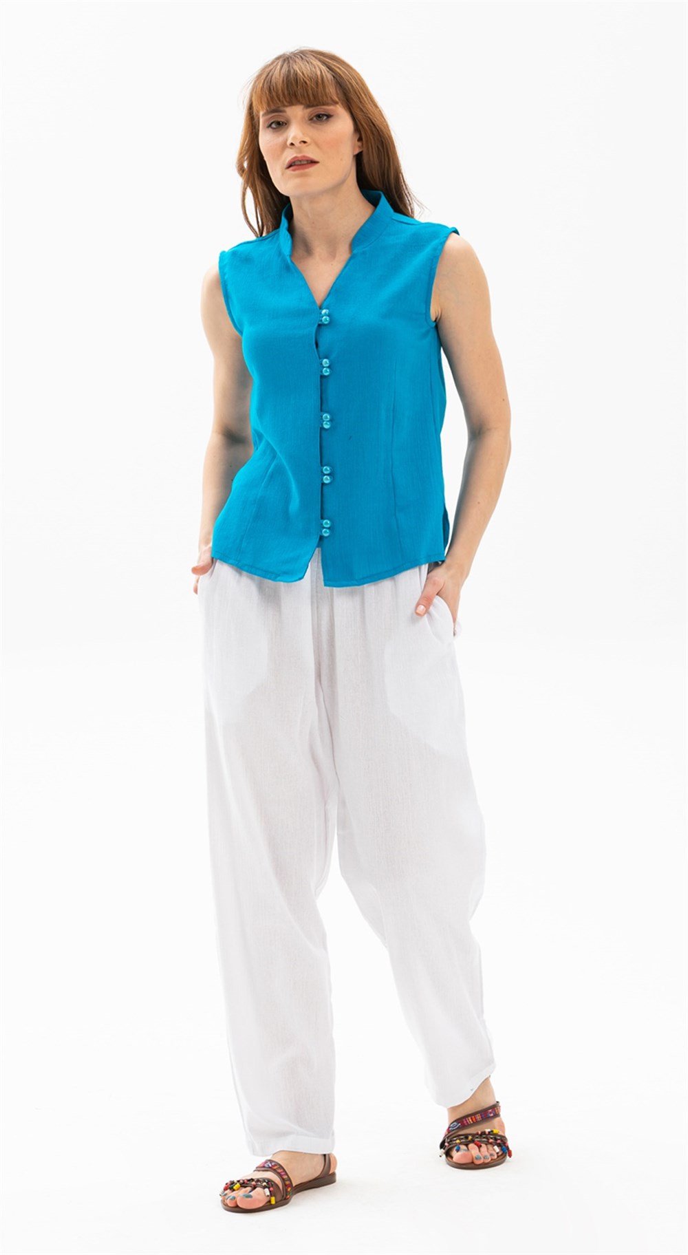 Toptan Kolsuz Şile Bezi Arzu Günlük Yazlık Bluz Turkuaz