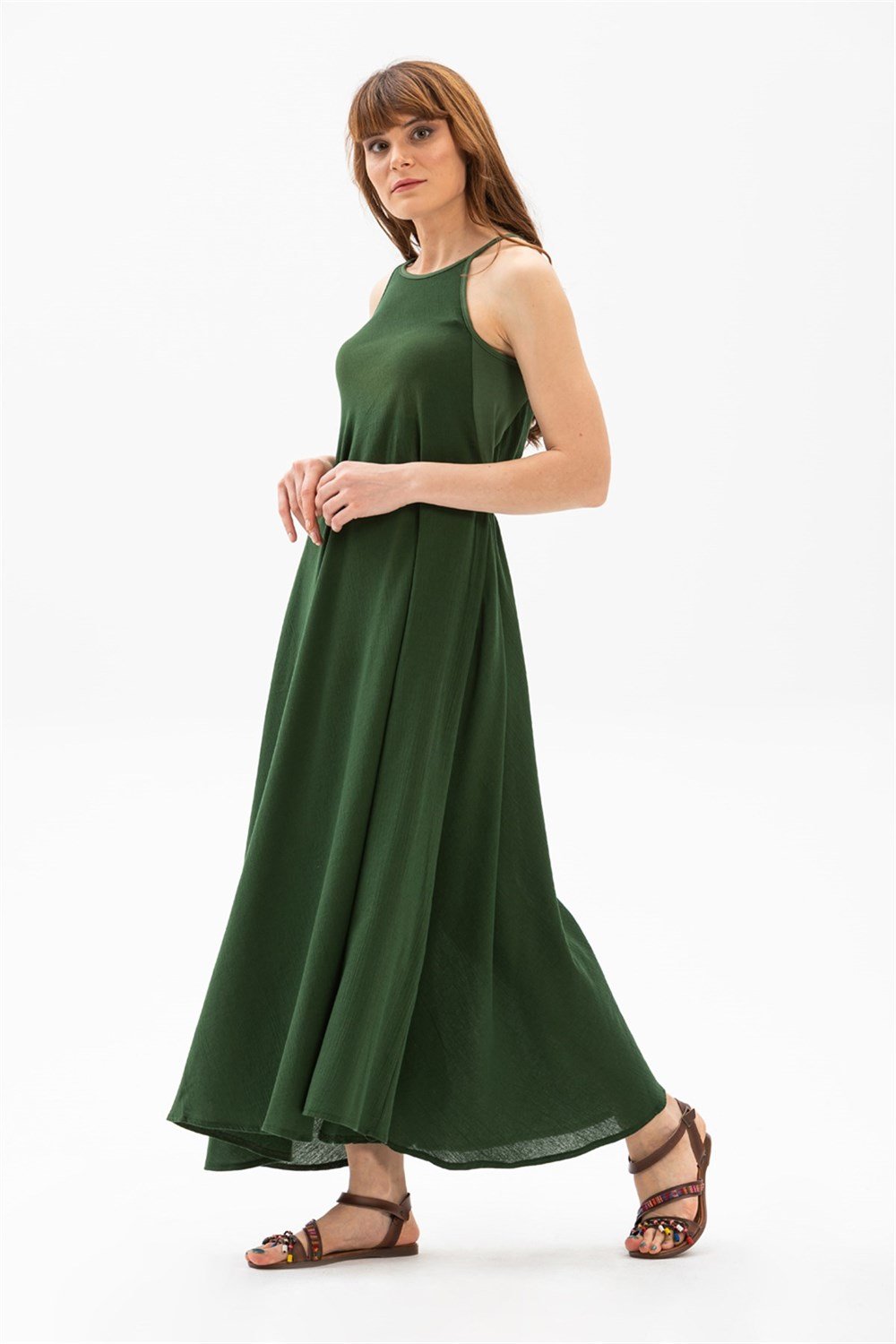 Toptan Sima Şile Bezi Yazlık Uzun Elbise Yeşil