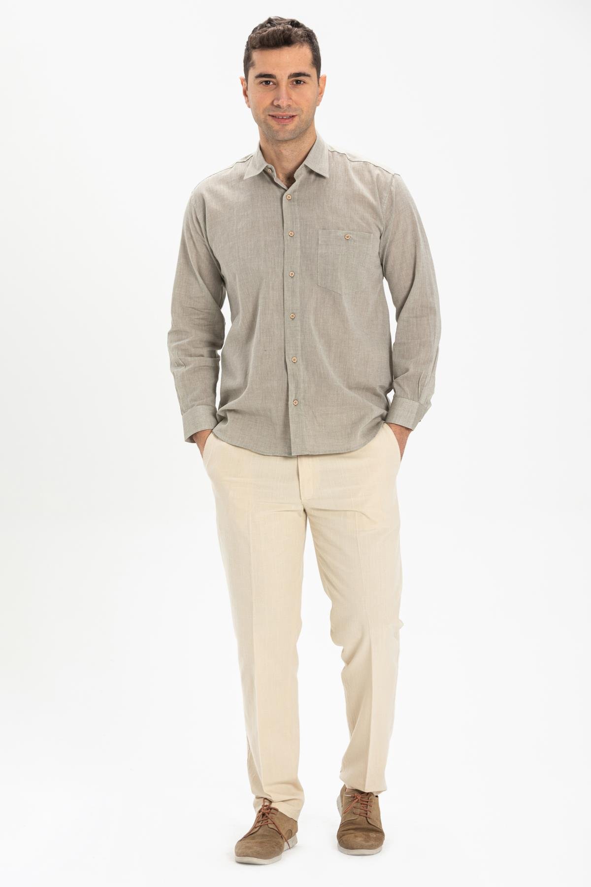 Toptan Büyük Beden Şile Bezi Uzun Kol Erkek Gömlek Taş