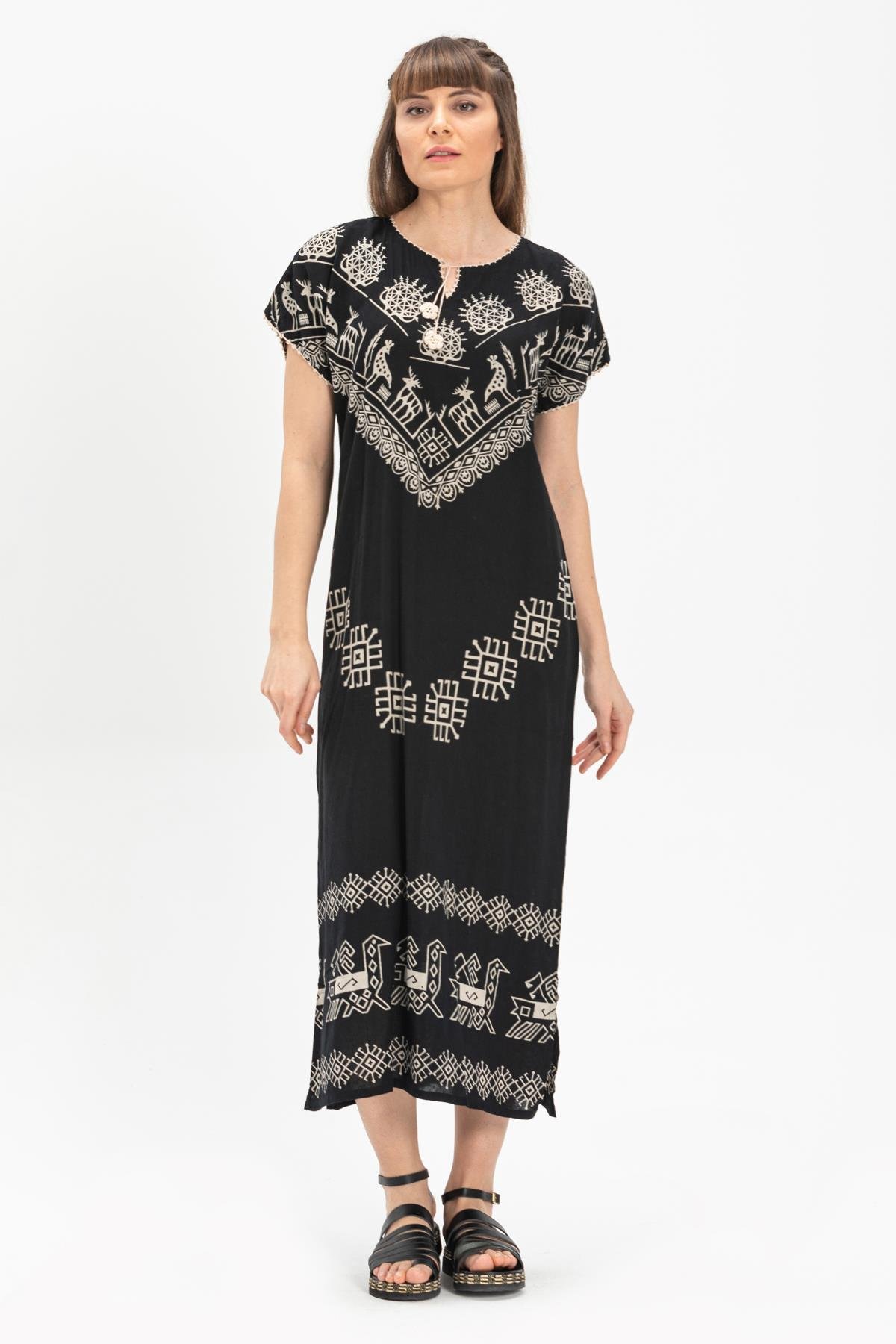 Toptan Kısa Kol Pamuk Hitit Uzun Elbise Geyik Desen Siyah