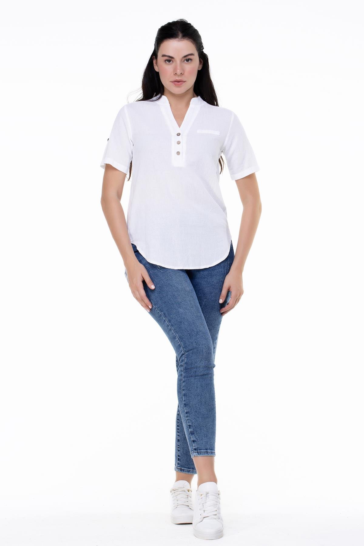 Toptan Kısa Kol Şile Bezi Akasya Bluz Beyaz