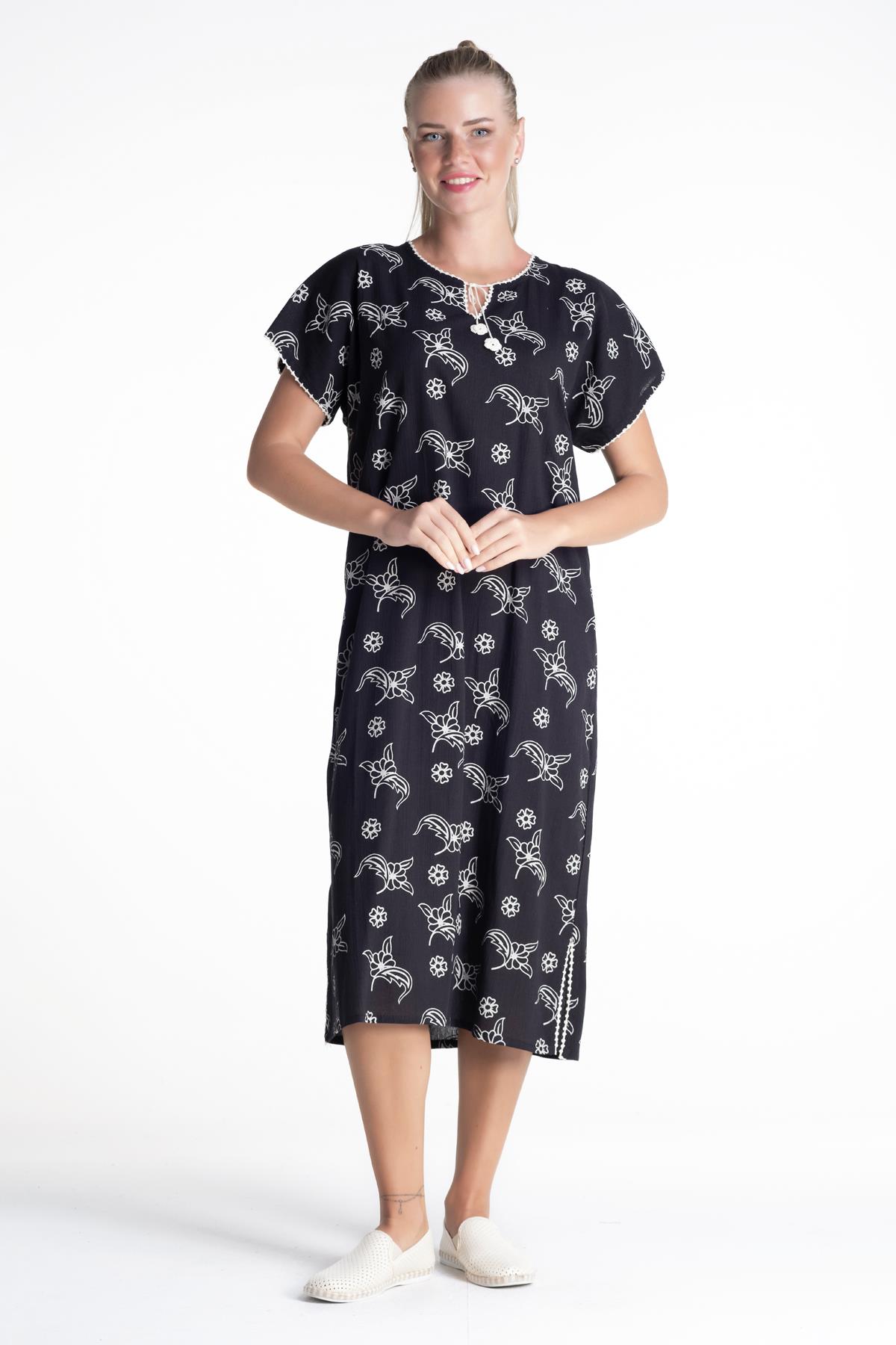 Toptan Kısa Kol Şile Bezi Baskılı Elbise Serpme Desen Siyah