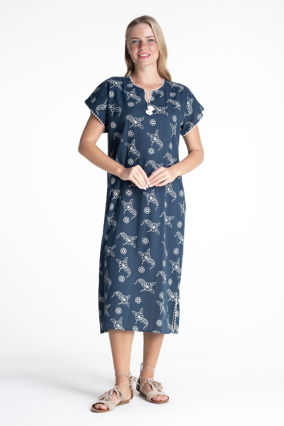 Toptan Kısa Kol Şile Bezi Baskılı Elbise Serpme Desen Petrol