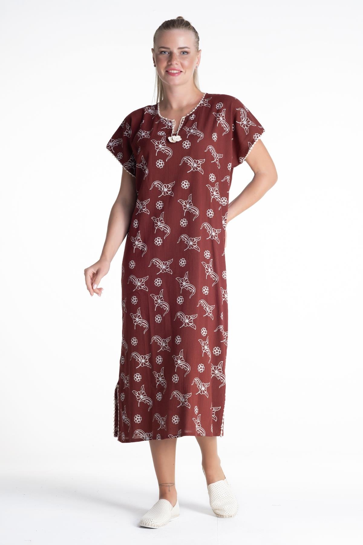 Toptan Kısa Kol Şile Bezi Baskılı Elbise Serpme Desen Bordo