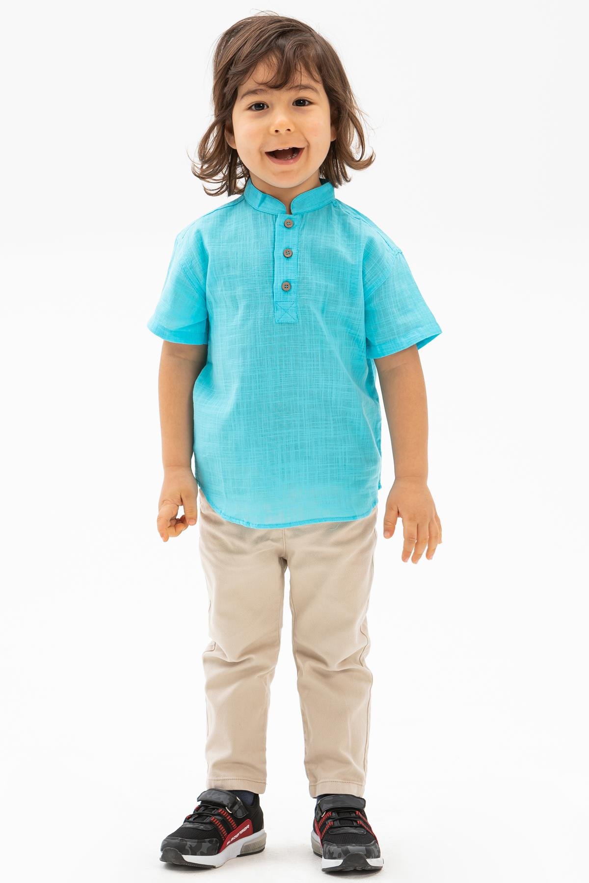 Toptan Kısa Kol Şile Bezi Bodrum Erkek Çocuk Tshirt Açık Turkuaz