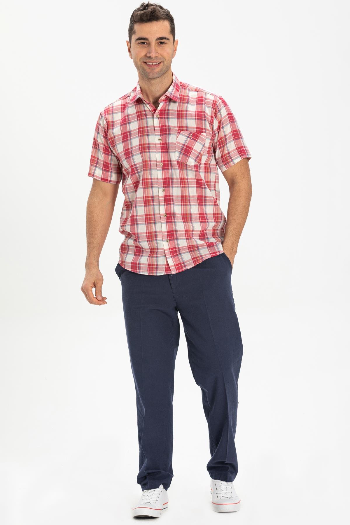 Toptan Kısa Kol Şile Bezi Erkek Gömlek Kırmızı Krem Ekose