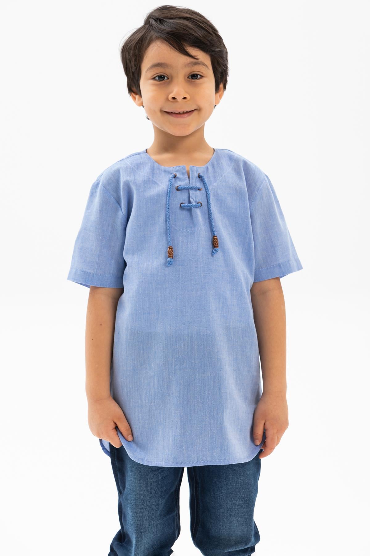 Toptan Kısa Kol Şile Bezi Zımbalı Erkek Çocuk T-Shirt Mavi