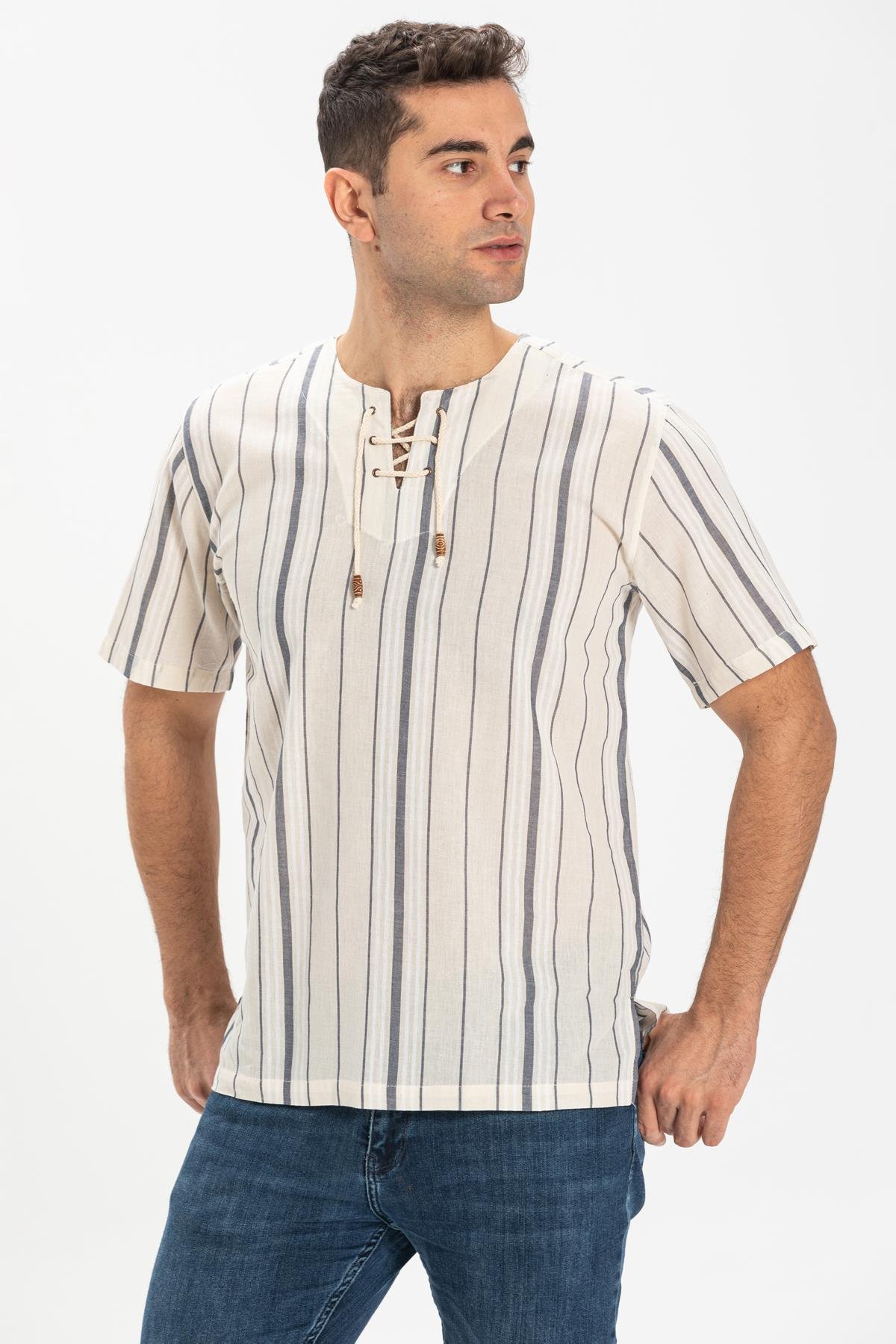 Toptan Kısa Kol Şile Bezi Zımbalı Erkek Tshirt Ekru Çizgili