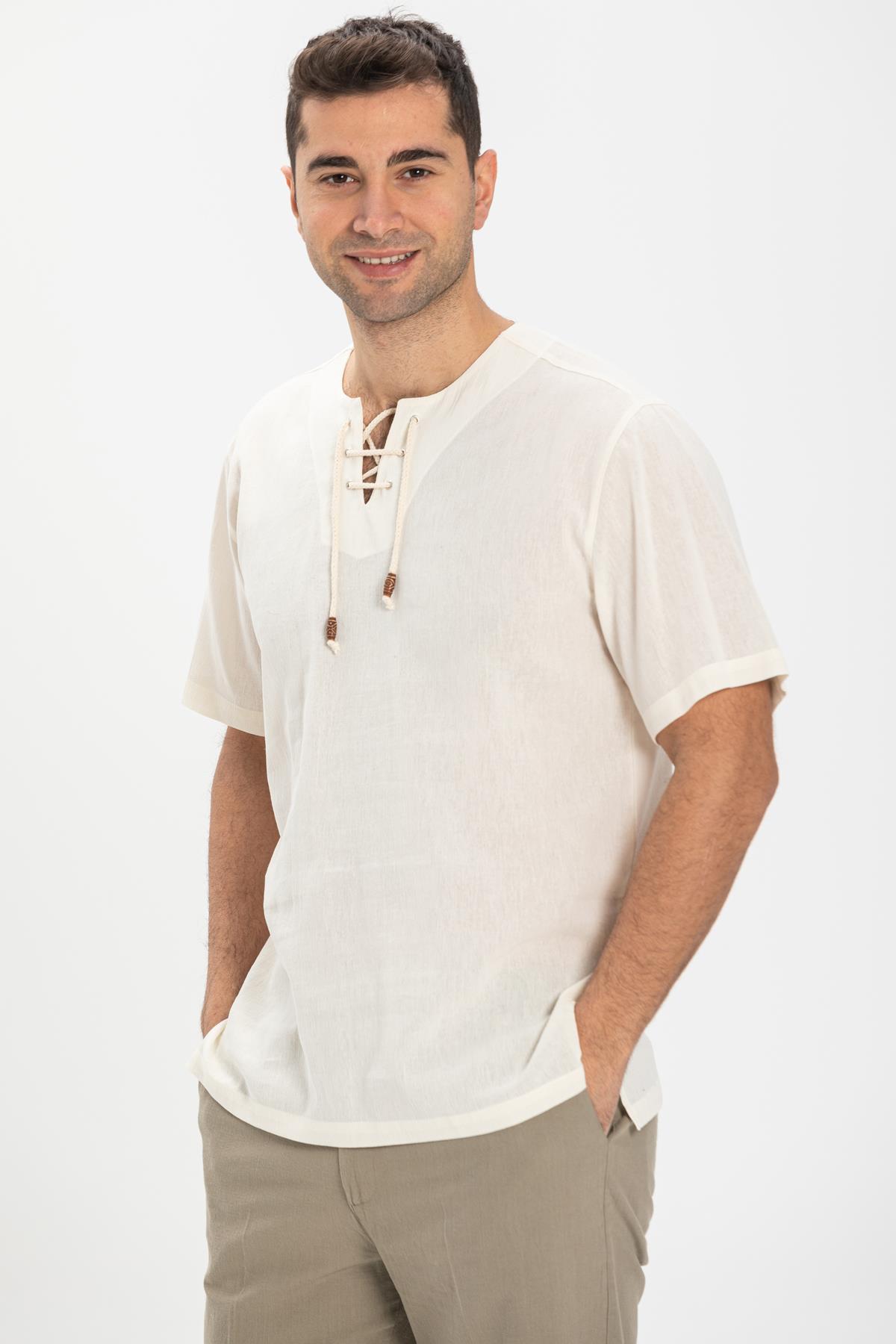 Toptan Kısa Kol Şile Bezi Zımbalı Erkek Tshirt Krem