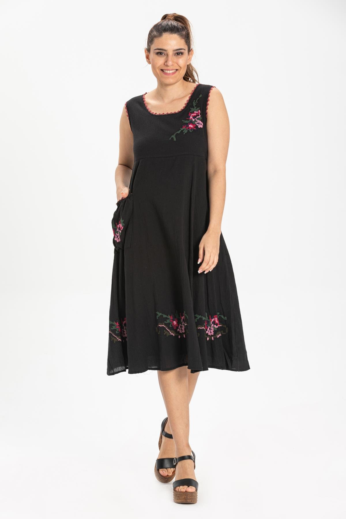 Toptan Kolsuz Burçak Şile Bezi Elbise Siyah