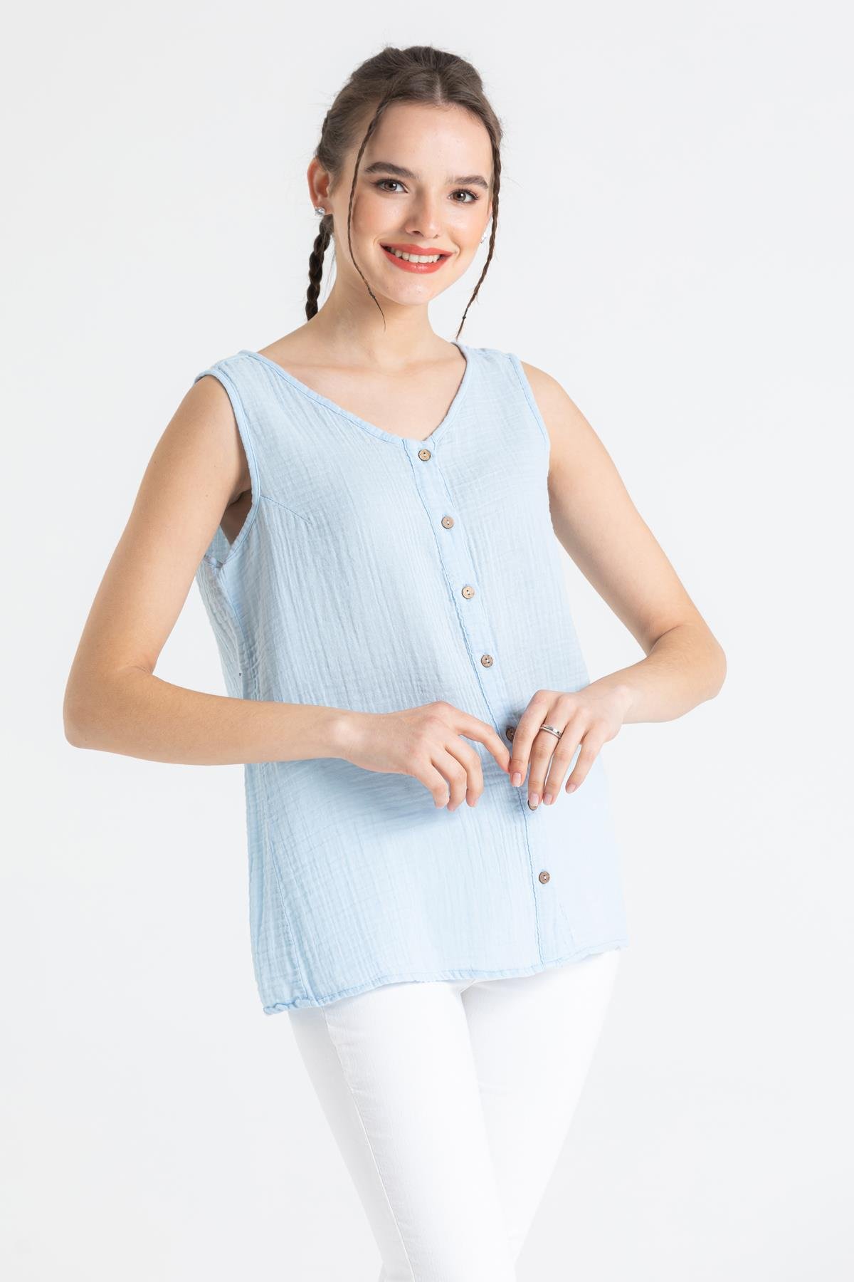 Toptan Kolsuz Müslin Melis Bluz Buz Mavi