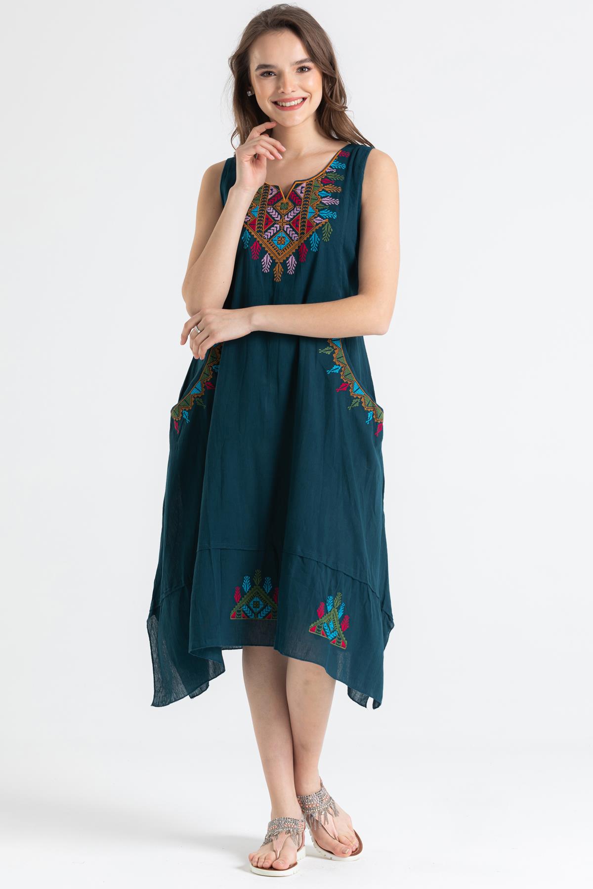 Toptan Kolsuz Şile Bezi Antik Nakışlı Midi Boy Elbise Petrol