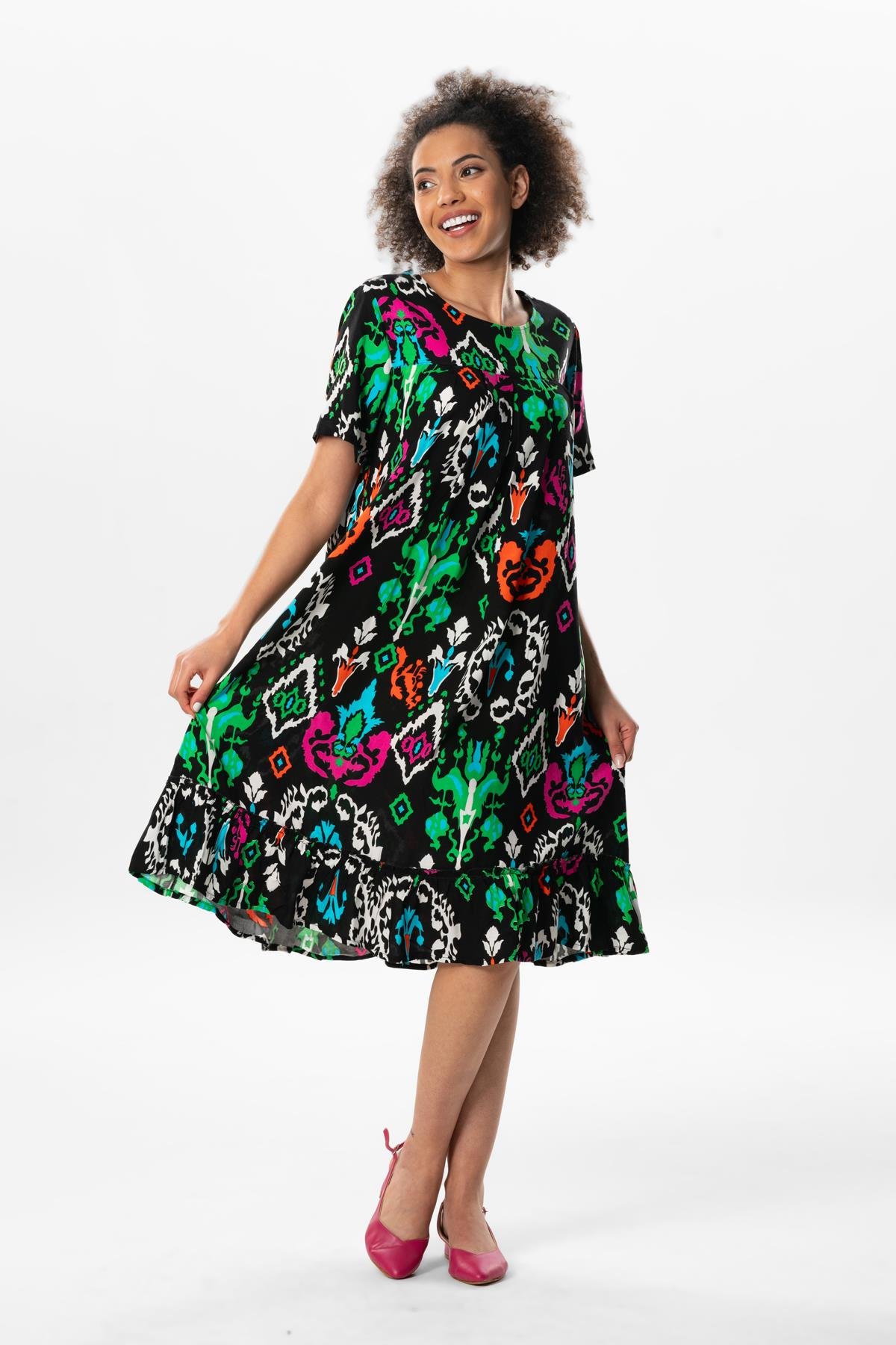 Toptan Melda Viskon Elbise Etnik Siyah Etnk syh