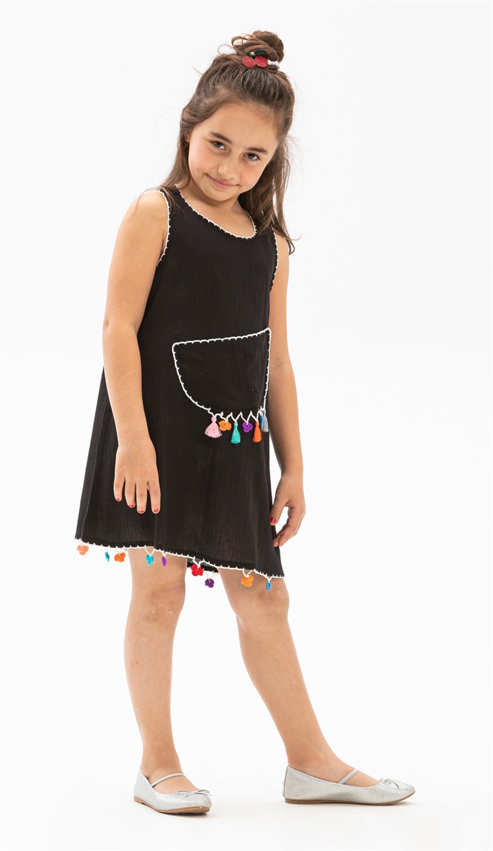 Toptan Kolsuz Mine Şile Bezi Yazlık Çocuk Elbise Siyah
