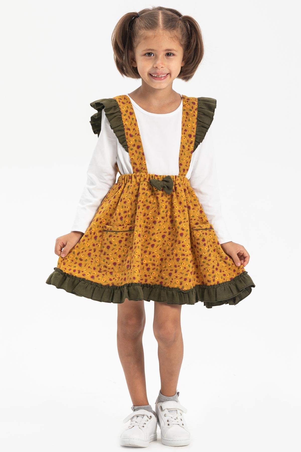 Toptan Miray Pazen Çocuk Salopet Etek Çıtır Desen Hardal