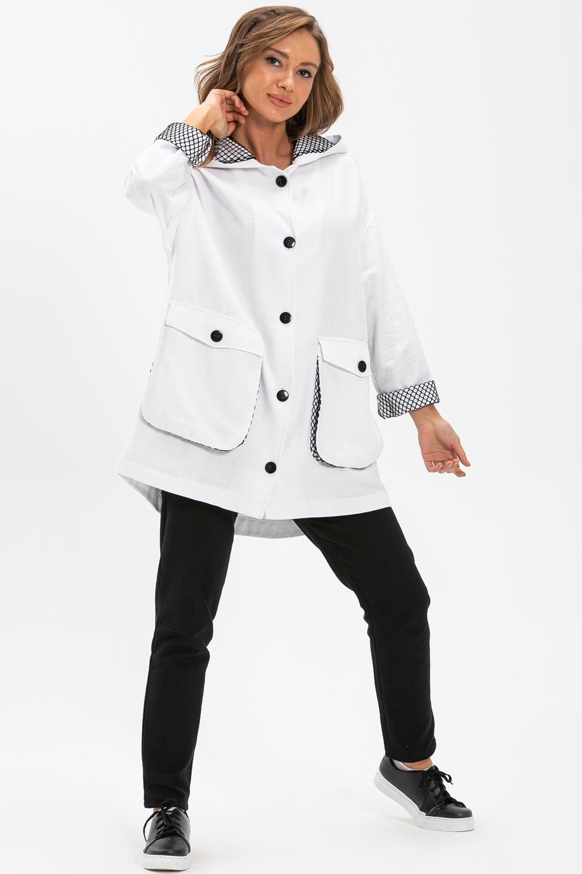 Toptan Safari Baskılı Pazen Ceket Beyaz