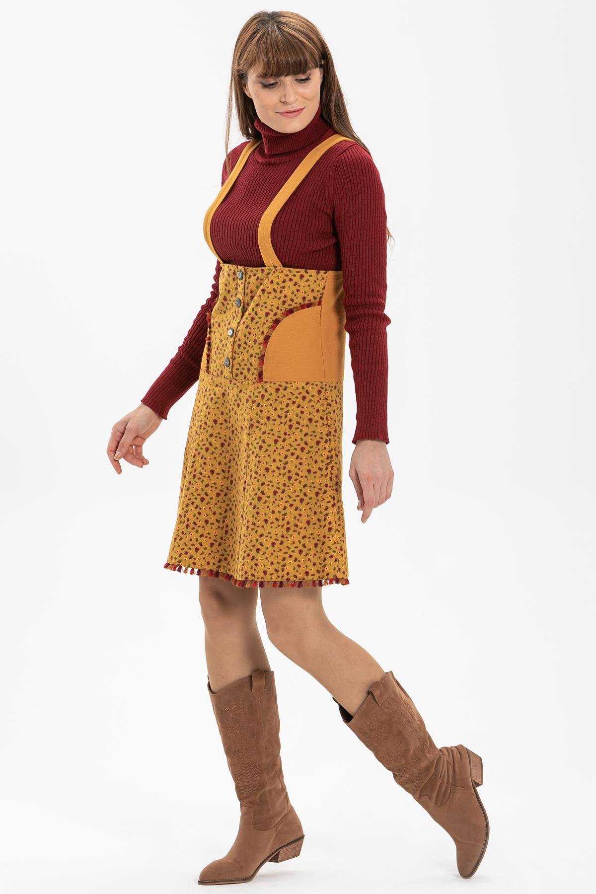 Toptan Salopet Pazen Kısa Etek Çıtır Desen Hardal